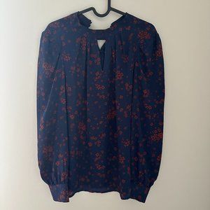High neck, v-cut top, Size M, Full sleeves, navy blue with orange flowers
